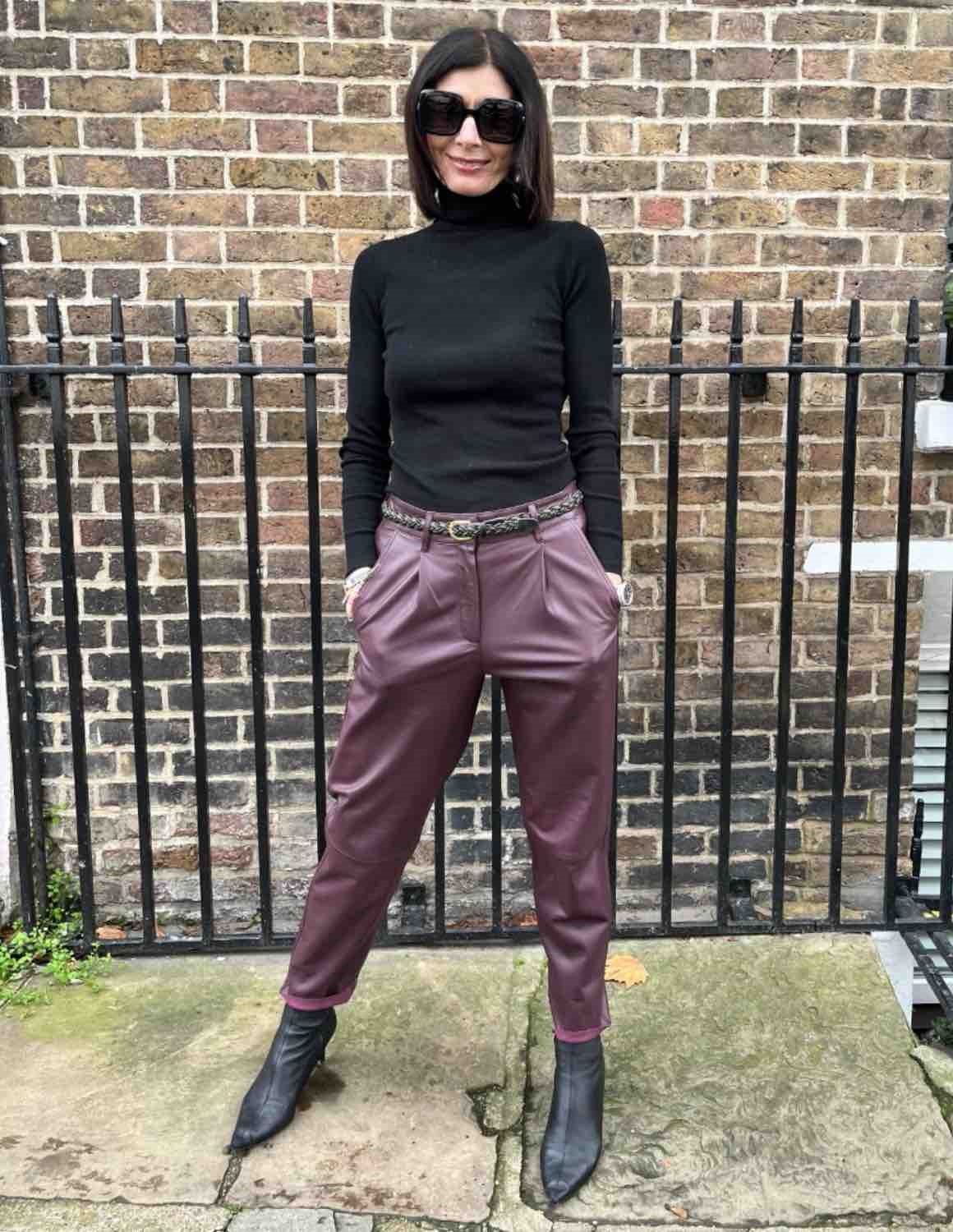 Helen wearing Iris leather trousers in huckleberry