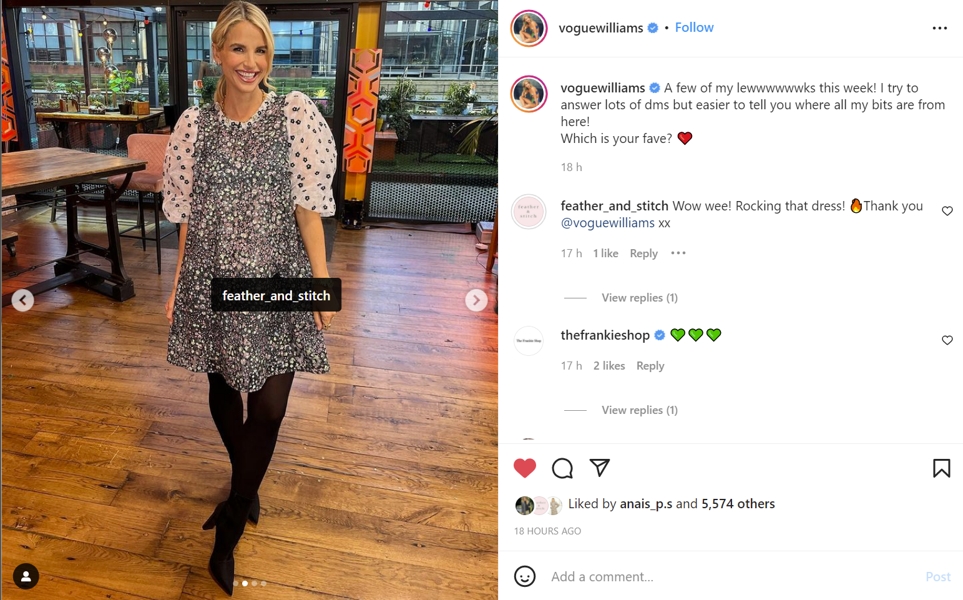 Vogue Williams on Instagram wearing the Cabob dress from Munthe