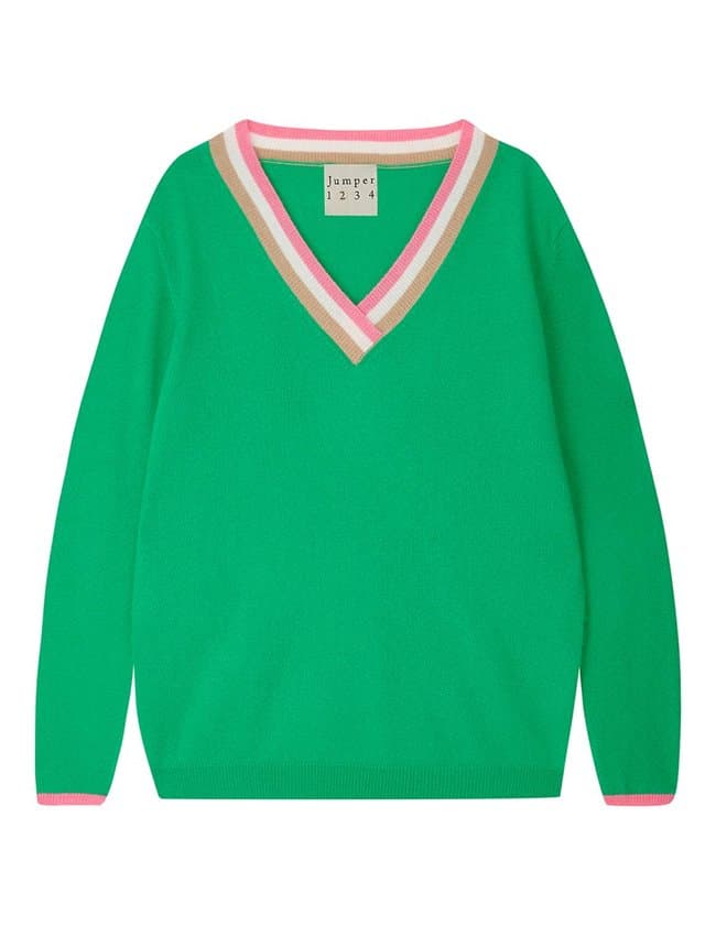 Jumper 1234 contrast stripe v - neck jumper - green