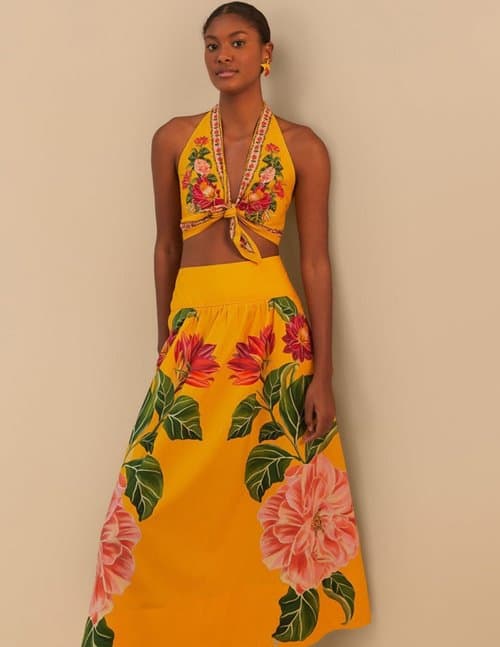 Farm Rio spring awakening midi skirt - yellow