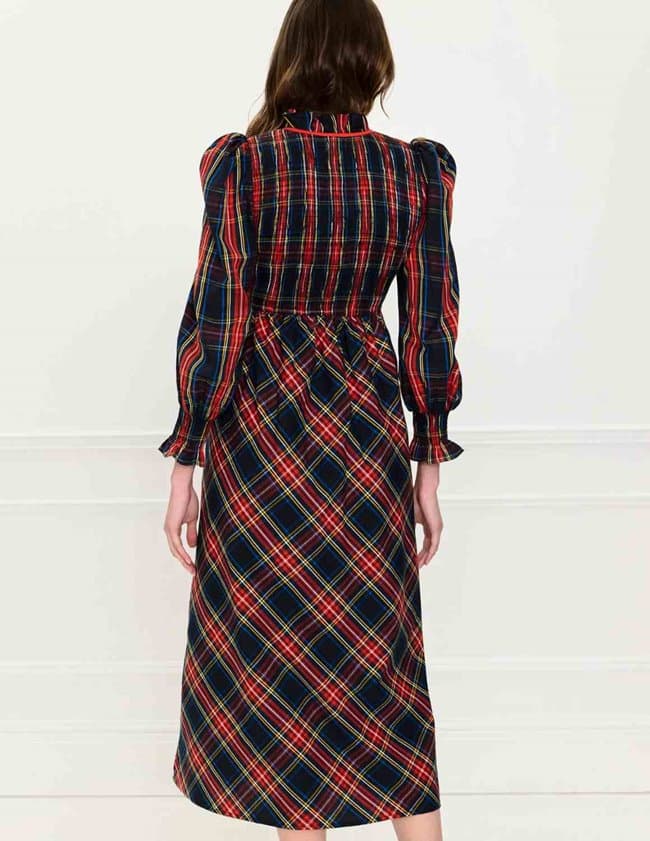 Pink City Prints izzy dress - midnight tartan model