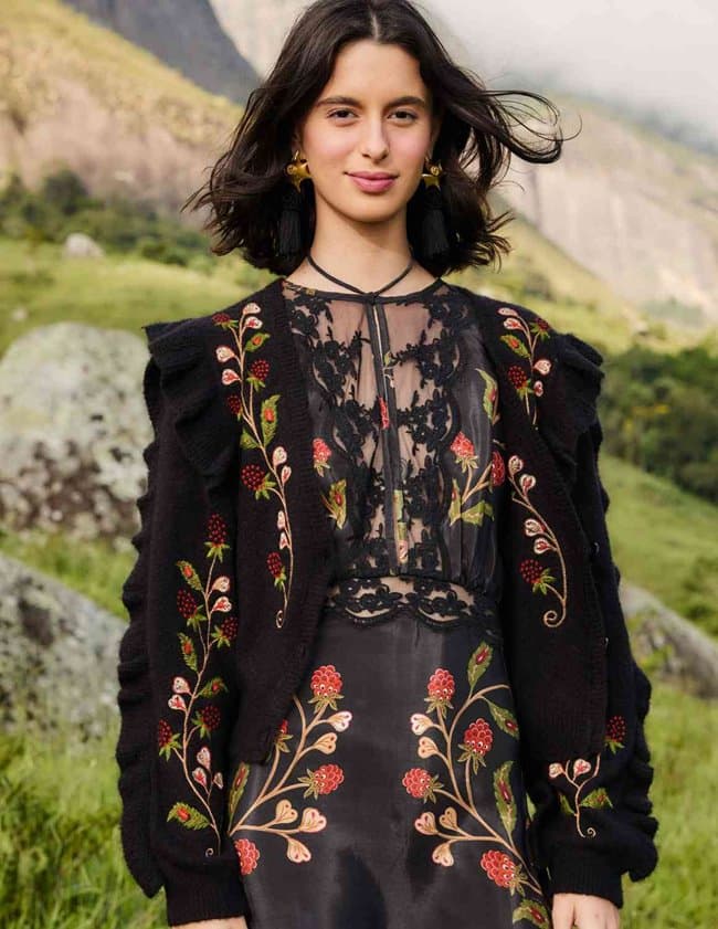 Farm Rio berry embroidery cardigan - black