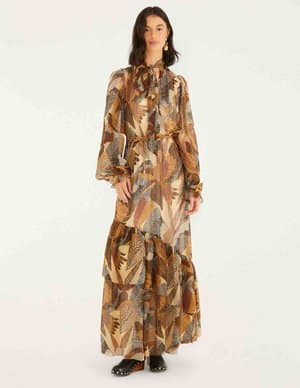 knee length dresses for ladies Brown Paisley Bloom Long Sleeve Maxi Dress  FARM Rio