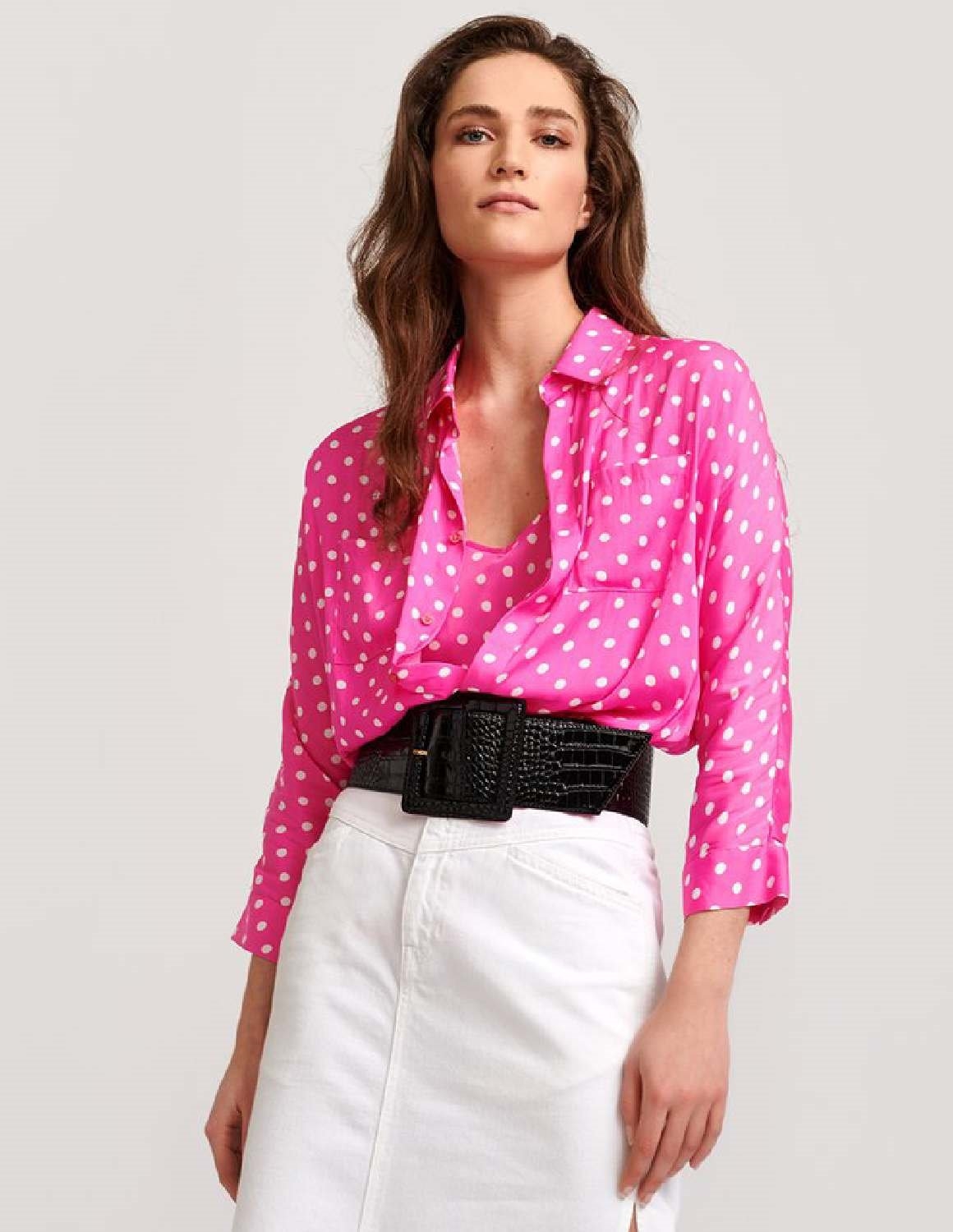 Essentiel Antwerp Viral shirt - neon pink / off-white polka dot ...