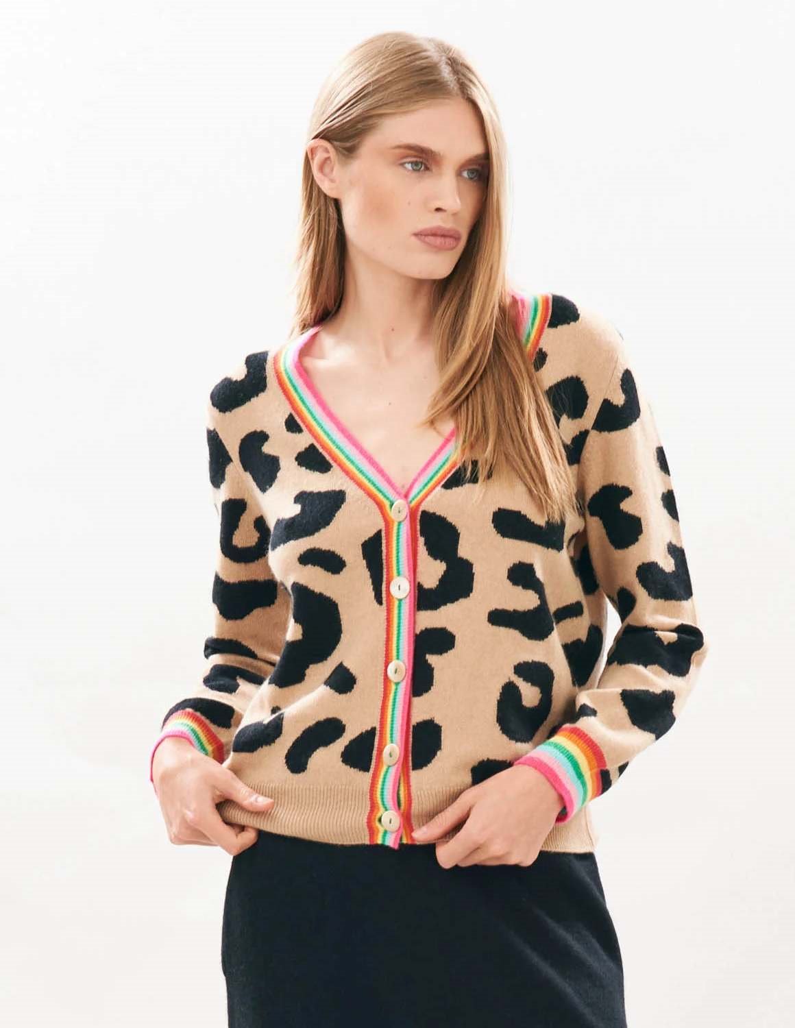 Rainbow leopard cardigan camel