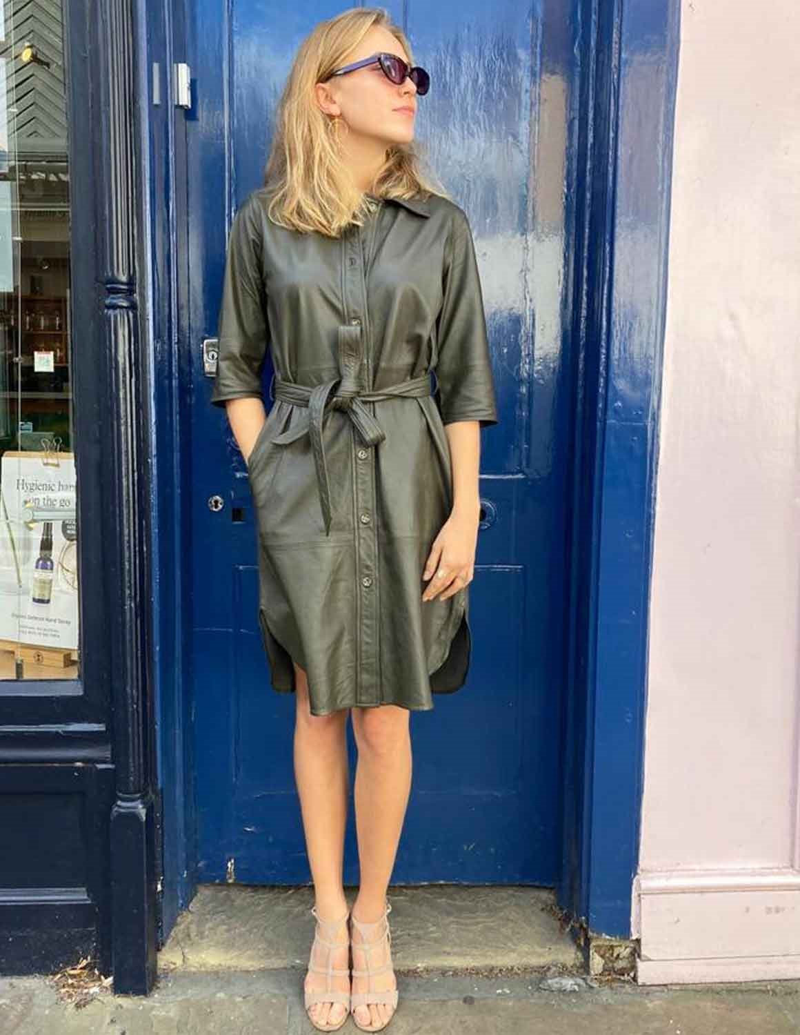green leather outfit